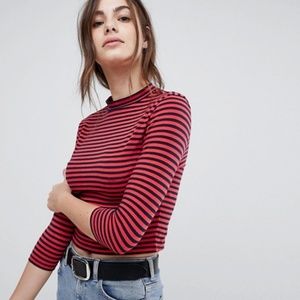 ASOS Stripe High Neck Crop Top With 3/4 Sleeve